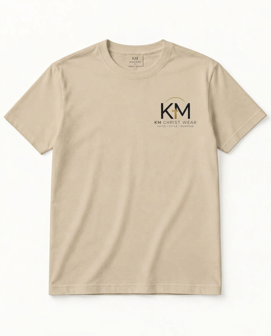 T-shirt beige KM Christ Wear vu de face, logo KM gris foncé et doré sur la poitrine