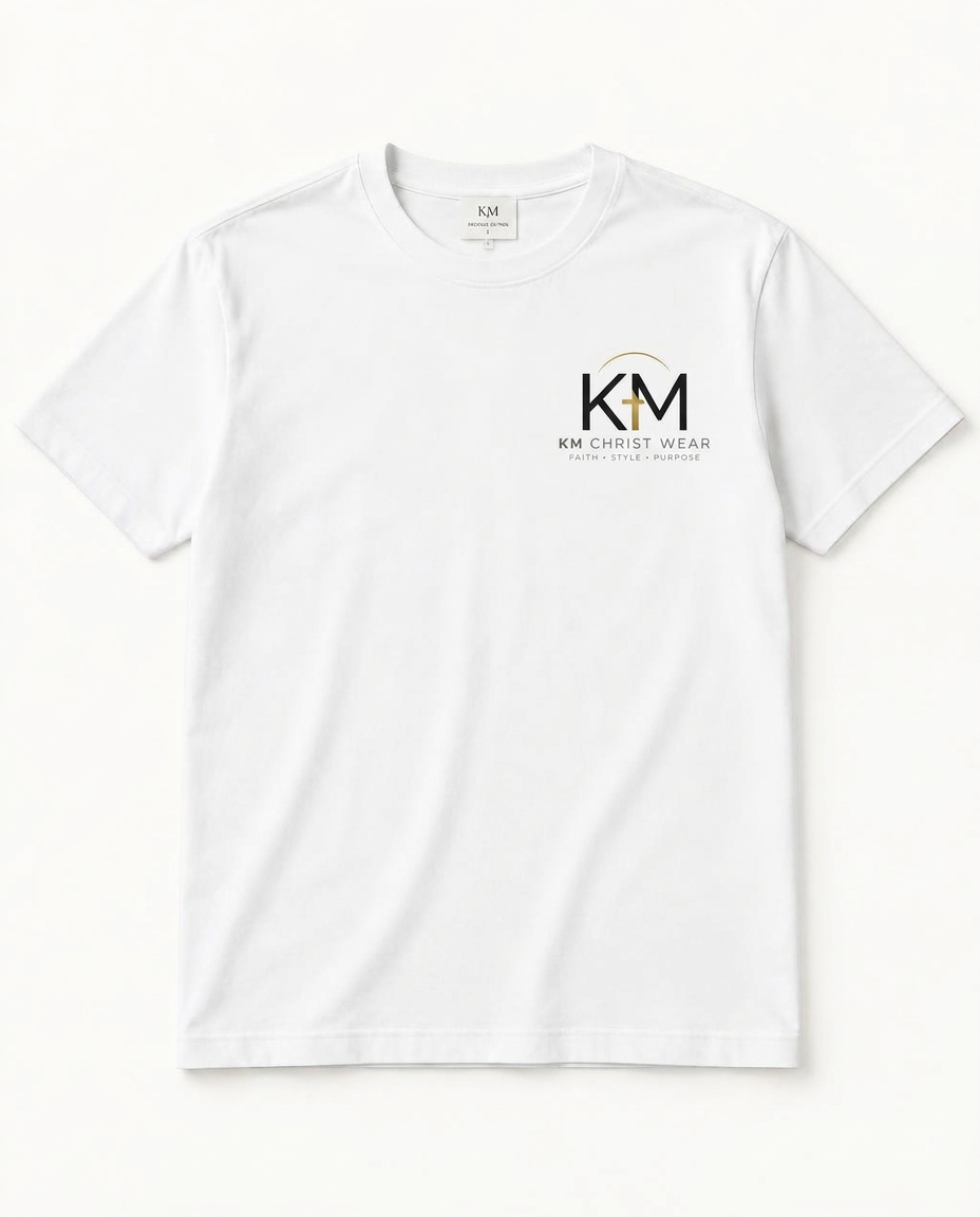 T-shirt blanc KM Christ Wear vu de face, logo KM sur la poitrine