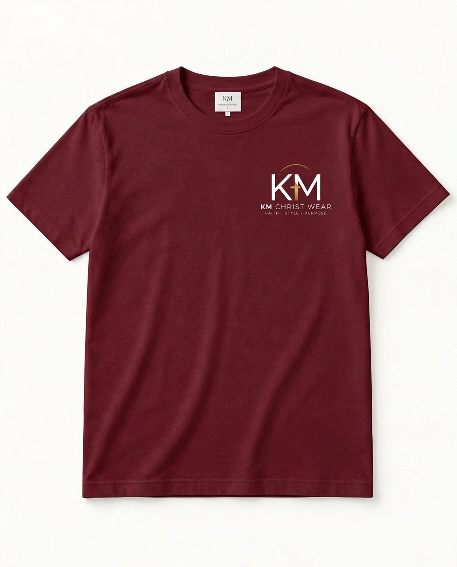 T-shirt bordeaux KM Christ Wear vu de face, logo KM blanc et doré sur la poitrine